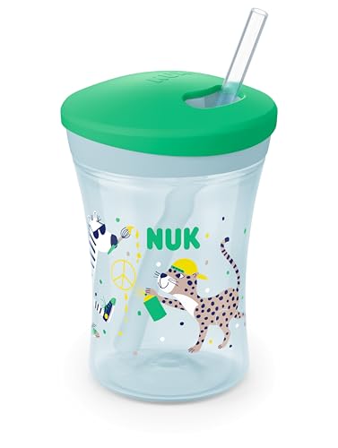 (-30%) NUK Action Cup Trinkbecher Kinder | 12+ Monate | 230 ml | Drehdeckel mit weichem Strohhalm | auslaufsicher | grüner Leopard