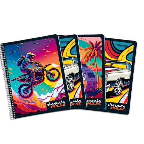 Classmate Pulse Single Subject Spiral Notebook - Pack of 4 | Single Line | 180 Pages | 24.0cm x 18.0cm | Attractive Cover Designs | Soft Cover | Noteb