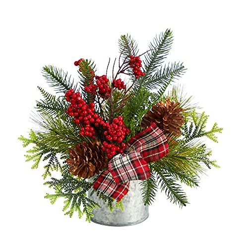Nearly Natural 12in. Holiday Winter Pinecones, Berries, Greenery and Plaid Bow Artificial Christmas Table Arrangement