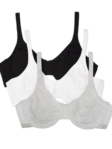 Fruit of the Loom Women's Unlined Underwire Bra-Cotton & Spandex Blend for Natural Shape and Flexibility, BLK/White 86CK/ Grey Heather, 42DD