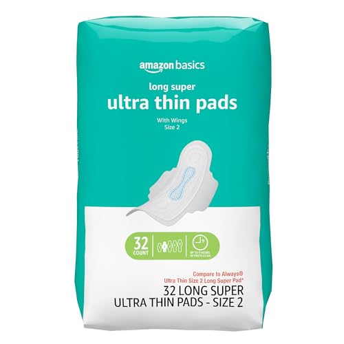 Amazon Basics Menstrual Pads for Women With Flexi-Wings, Long Length, Size 2, Super Absorbency, 32 Count (Pack of 1)