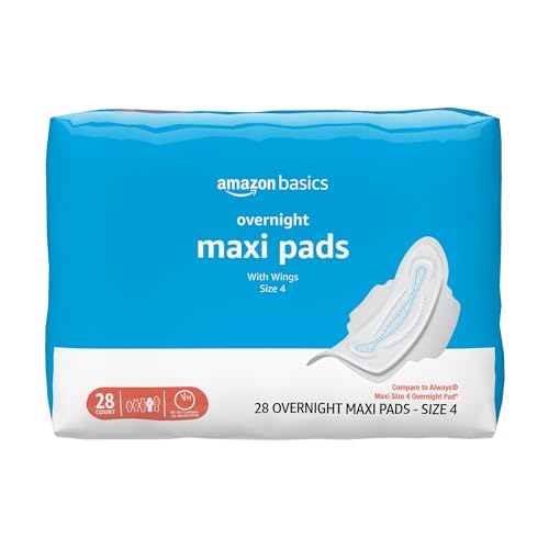 Amazon Basics Thick Maxi Pads with Wings for Periods - Overnight Absorbency, Unscented, Size 4, 28 Count (Previously Solimo)