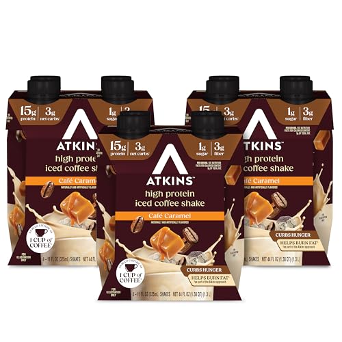 Atkins Café Caramel Iced Coffee Flavored Protein Shake, High Protein Shake, Low Glycemic, Low Carb and Low Sugar, Keto Friendly, Gluten Free, 12 Count