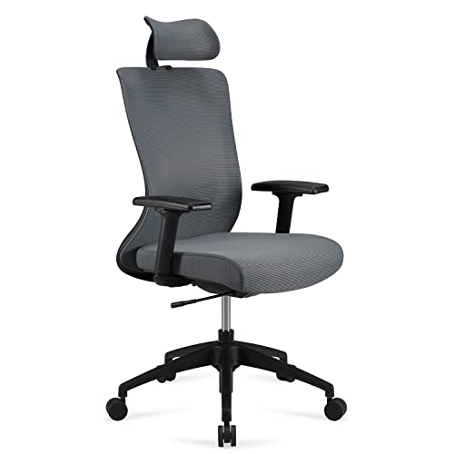 Amazon Basics Ergonomischer Chefsessel, hohe Rückenlehne, verstellbare Kopfstütze, Armlehnen & Lordosenstütze, Grau