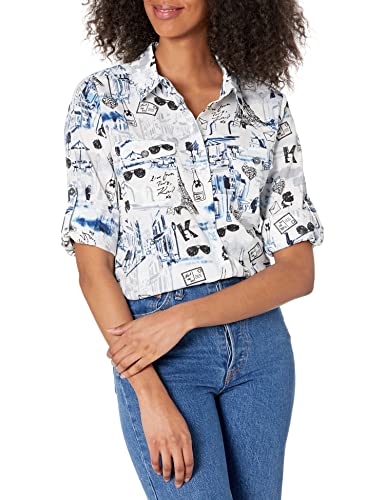 Karl Lagerfeld Paris Women's Long Sleeve Whimsical Blouse, White/Classic Blue Combo, Large