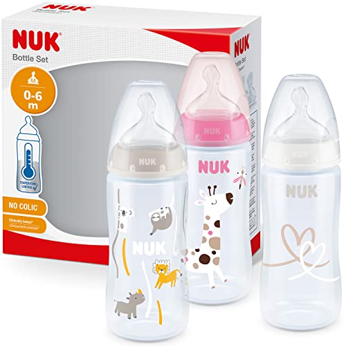 🔥 STARKER PREIS (-30%) NUK First Choice+ Babyflasche im Set | 0–6 Monate | Temperature Control Anzeige | 300 ml | Anti-Colic-Ventil | Trinksauger aus Silikon | 3 Stück | rosa Giraffe