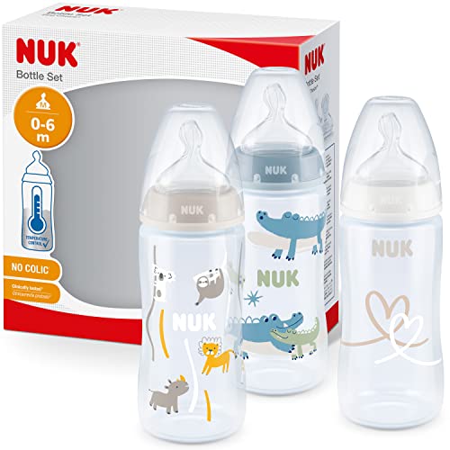 🔥 STARKER PREIS (-30%) NUK First Choice+ Babyflasche im Set | 0–6 Monate | Temperature Control Anzeige | 300 ml | Anti-Colic-Ventil | Trinksauger aus Silikon | 3 Stück | Safari
