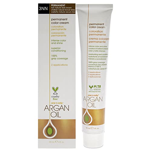 One N' Only Permanent Hair Color - Permanent Hair Dye Made with Argan Oil - Delivers Rich, Accurate Tones with Gray Coverage - Improves Moisture & Elasticity - 3NN Rich Natural Dark Brown (3 oz)