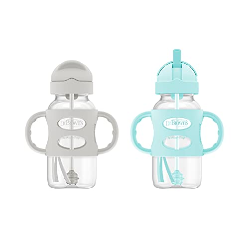 Dr. Brown's Milestones Wide-Neck Sippy Straw Bottle with 100% Silicone Handles and Weighted Straw, 9 oz/270 mL, Gray & Green, 6m+