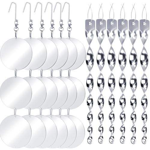 Upgraded Bird Scare Devices, 3.9 Inch Large 18PCS Reflective Discs Set + 6PCS Bird Scare Rods, Double-Sided Bird Reflectors Keep All Birds Away Woodpeckers Pigeons from Your House Garden Boat
