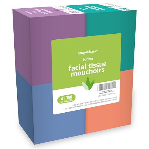 Amazon Basics Facial Tissue with Lotion, 2-Ply, 300 Count (4 Packs 75), (Packaging may vary)
