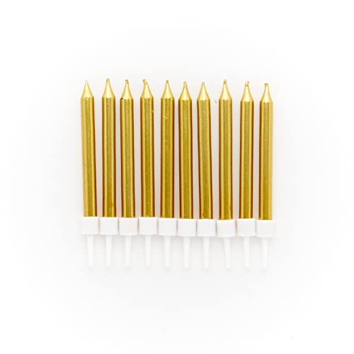 Amscan 9911937 - Metallic Gold Cake Candles & Holders - 10 Pack