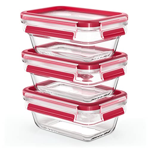 (-48%) EMSA Clip & Close Glas Frischhaltedose, rechteckig, 0,45 L, 100 Prozent dicht, rutschfestes Stapeln, Glasbehälter spülmaschinen-, gefrier-, backofen-, mikrowellenfest, Rot, Transparent, N10511