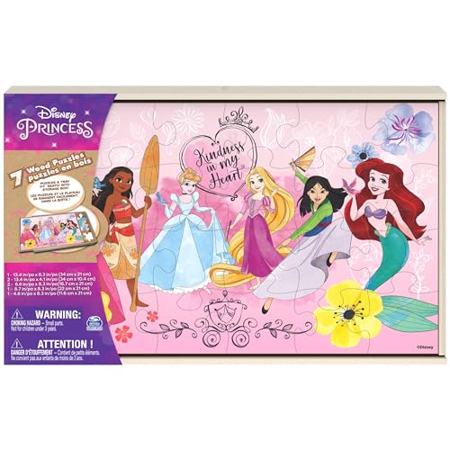 Spin Master Games, Disney Princess Puzzles, 7-Pack, Jigsaw Kids Puzzles, 12, 16, & 24 Pieces, Featuring Ariel, Tiana, Rapunzel, Pocahontas, Storage Tray, for Ages 4 & Up
