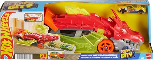 Hot Wheels City Toy Car Track Set, Dragon Launch Transporter & 1:64 Scale Car, Launch Vehicles from Creature's Mouth, Stores up to 5 Vehicles