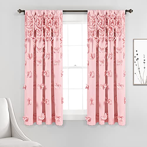 Lush Decor Riley Window Curtain Panel - Charming Handmade Bow Details - Elegant Light Filtering Single Curtain for Living Room, Dining Room, or Bedroom - 54" W x 63" L, Pink
