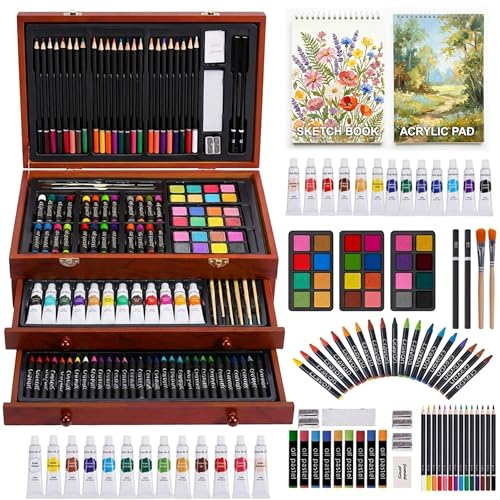Color More 175 Piece Deluxe Art Set with 2 Drawing Pads, Acrylic Paints, Crayons, Colored Pencils, Paint Set in Wooden Case, Professional Art Kit, Art Supplies for Adults, Teens and Artist, WoodMuse Plus