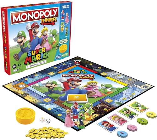 Monopoly Junior Super Mario Edition Board Game, Fun Kids' Ages 5 and Up, Explore The Mushroom Kingdom as Mario, Peach, Yoshi, or Luigi (Amazon Exclusive)