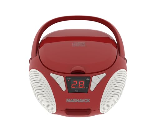 Magnavox MD6924 Portable Top Loading CD Boombox with AM/FM Stereo Radio in Black | CD-R/CD-RW Compatible | LED Display | AUX Port Supported | Programmable CD Player | (Red)