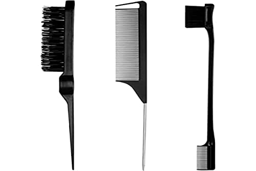 3 Pieces Hair Styling Comb Set Teasing Brush Rat Tail Comb Edge Brush for Edge&Back Brushing, Combing, Slicking Hair for Women (Black)