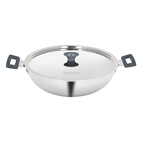 Cookfresh Tri-ply Stainless Steel Kadhai with Lid | Gas, Induction Compatible | Even Heat Distribution | SS304 Food Grade Steel Wok | Dishawasher Safe