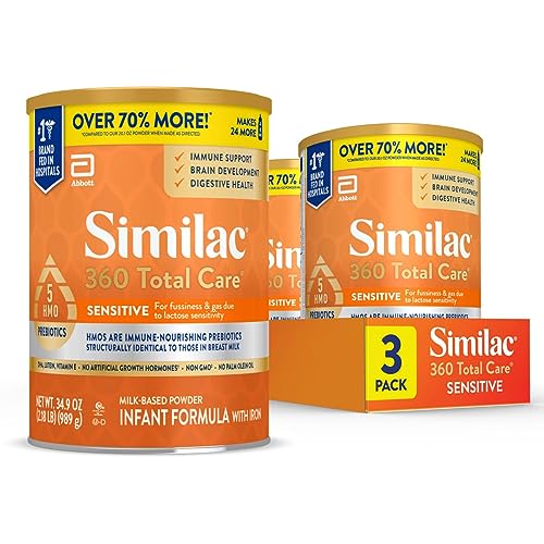 Similac 360 Total Care Sensitive Infant Formula for Fussiness & Gas Due to Lactose Sensitivity, Has 5 HMO Prebiotics, Baby Formula Powder, 34.9-oz Value Tub, Pack of 3