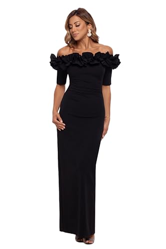 Xscape Women's Long Off The Shoulder Scuba Crepe Dress (Reg and Petite), Black, 6