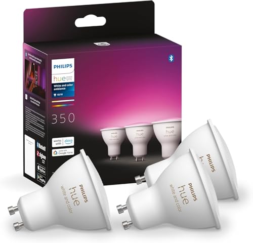 (-33%) Philips Hue White & Color Ambiance GU10 LED Spot 3er Pack (350 lm), dimmbare LED Lampen für das Hue Lichtsystem mit 16 Mio. Farben, smarte Lichtsteuerung über Sprache und App