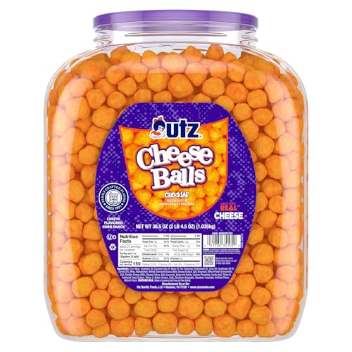 Utz Cheese Balls Barrel, Tasty Snack Baked with Real Cheddar Cheese, Delightfully Poppable Party Snack, Gluten, Cholesterol and Trans-Fat Free, Kosher Certified, 36.5 Oz