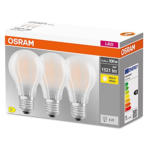 (-12%) Osram LED-Lampe, Sockel: E27, Warm weiß, 2700 K, 11 W, Ersatz für 100-W-Glühbirne, matt, LED BASE CLASSIC A, 3er-Pack