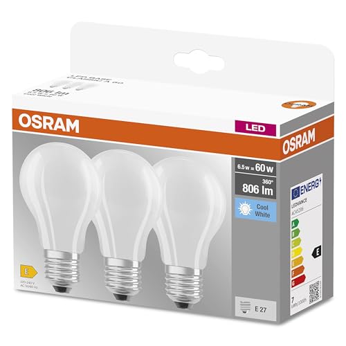 🔥 STARKER PREIS (-42%) Osram LED-Lampe, Sockel: E27, Kalt weiß, 4000 K, 6,50 W, Ersatz für 60-W-Glühbirne, matt, LED BASE CLASSIC A, 3er-Pack