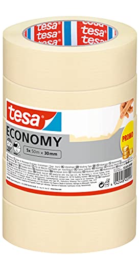 (-41%) tesa Malerband ECONOMY - vielseitiges Malerkrepp für Malerarbeiten ohne Lösungsmittel - bis zu 4 Tage nach Gebrauch rückstandslos entfernbar, 5 Rollen Klebeband - 50 m x 30 mm