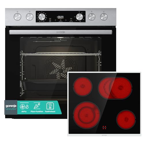 (-20%) Gorenje Einbauherd-Set Heißluft Inox Set 4 mit Glaskeramik-Kochfeld / 77L / ExtraSteam / GentleClose & Open / EcoClean / AirFry / PizzaMode / PerfectGrill / Teleskopauszüge / Inox-Look