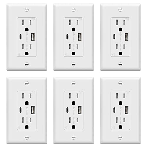 TOPGREENER USB Outlet, Type C & Type A USB Wall Outlet, 15 Amp Tamper Resistant Receptacle Plug, Charging Power Outlet with USB Ports, Wall Plate Included, UL Listed, TU21536AC-W-6PCS, White, 6 Pack