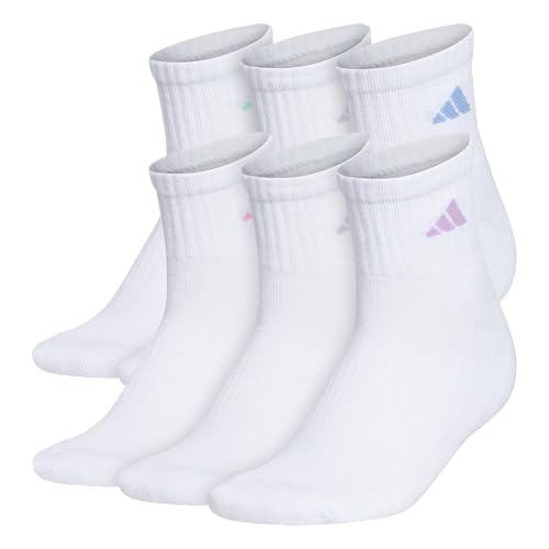 adidas Women's Ankle Socks, Athletic Cushioned Quarter Fit, 6-Pack, Durable, Comfortable, Cooling, with Compression, White/Clear Sky Blue/Bliss Lilac Purple, M