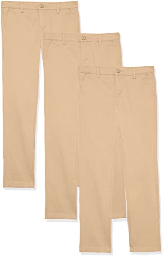 Amazon Essentials Girls' Uniform Flat-Front Chino Pants, Pack of 3, Khaki Brown, 8