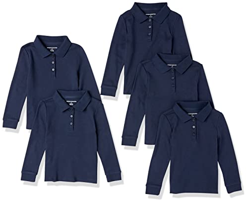 Amazon Essentials Toddler Girls' Long-Sleeve Interlock Polo Shirts, Pack of 5, Navy, 2T