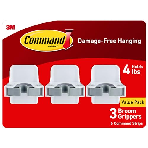 Command Broom and Mop Grippers, 3 Hangers and 6 Command Strips, Damage-Free Hanging Wall Mount Broom and Mop Holder, Household Cleaning Organizer for Organization and Storage, Holds up to 4 lb