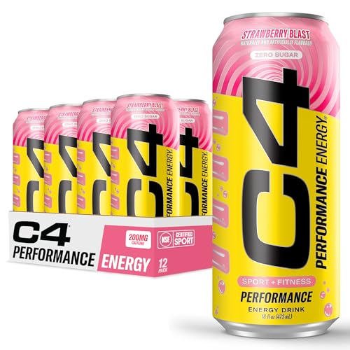 Cellucor C4 Performance Energy Drink | Strawberry Blast | Zero Sugar Carbonated Preworkout Energy | 200mg Caffeine with Beta Alanine | 16 Fl Oz (12 Pack)