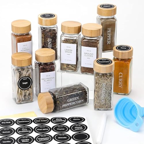 NETANY 24 Pcs Glass Spice Jars with Bamboo Lids, 4 oz Glass Jars with Minimalist Farmhouse Spice Labels Stickers, Collapsible Funnel, Seasoning Storage Bottles for Spice Rack, Cabinet, Drawer