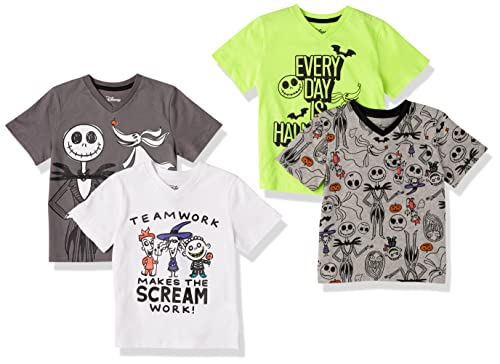 Amazon Essentials Disney | Marvel | Star Wars Toddler Boys' Short-Sleeve V-Neck T-Shirts, Pack of 4, Nightmare Doodle, 4T
