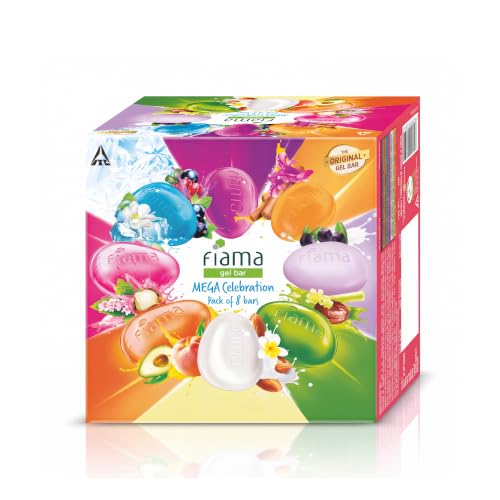 Fiama Gel Bar Mega Celebration Pack 1kg (125g Pack of 8) | 8 Unique Soap Variants | Moisturised Skin with 30% Smoothing Body Serum | Bathing Soap Gift Set for Women &amp; Men | All Skin Types