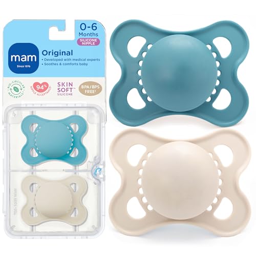 MAM Original Matte Baby Pacifiers, Binky for Boys 0-6 Months, BPA-Free Silicone Nipple, Easy to Clean, Best for Newborn Babies, Developed with Medical Experts, 2 Count Binkies with Sterilizer Case