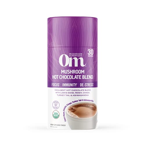 Om Mushroom Superfood Hot Chocolate Blend Mushroom Powder, 8.47 Ounce Canister, 30 Servings, Cocoa, 2g of Sugar, 25 Calories, Lion's Mane, Reishi, Chaga, Turkey Tail, Focus and Stress Support