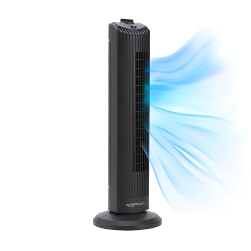Amazon Basics 28" 60-Degree Oscillating Tower Fan for Bedroom, Living Room, Office, With 3 Speeds, Intuitive Mechanical Control, Black, 35W, 27.8"H x 9.4"D x 9.4"W