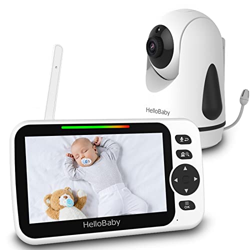 HelloBaby No WiFi Baby Monitor 5 Screen 30-Hour Battery Pan-Tilt-Zoom Video Upgrade with Camera and Audio, Night Vision, VOX, 2-Way Talk, 8 Lullabies and 1000ft Range, HB6550
