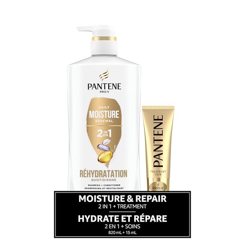 Pantene 2-in-1 Shampoo & Conditioner, Daily Moisture Renewal - Pro-V Nutrients for Dry, Color-Treated, Straight to Curly Hair, 72-Hour Hydration & Softness, 27.7 Oz Each, 2-Pack + Rescue Shot (0.5 Oz)