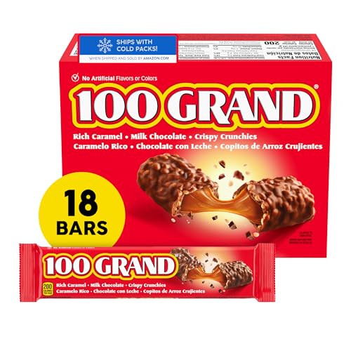 100 Grand Crispy Milk Chocolate with Caramel, Full Size Individually Wrapped Candy Bars, 1.5 oz each, Bulk 18 Count Box