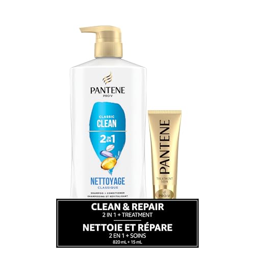 Pantene 2-in-1 Shampoo & Conditioner, Classic Clean - Pro-V Nutrients for Dry, Color-Treated Hair, Healthy Looking Hair Every Wash, Antioxidant-Rich, 27.7 Oz Each, 2-Pack + Rescue Shot (0.5 Oz)