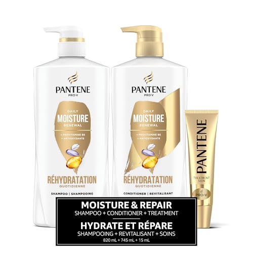 Pantene Shampoo & Conditioner Set, Daily Moisture Renewal - Pro-V Nutrients for Dry, Color-Treated, Straight to Curly Hair, 72-Hour Hydration & Softness, 52.8 Oz Total + Miracle Rescue Shot (0.5 Oz)